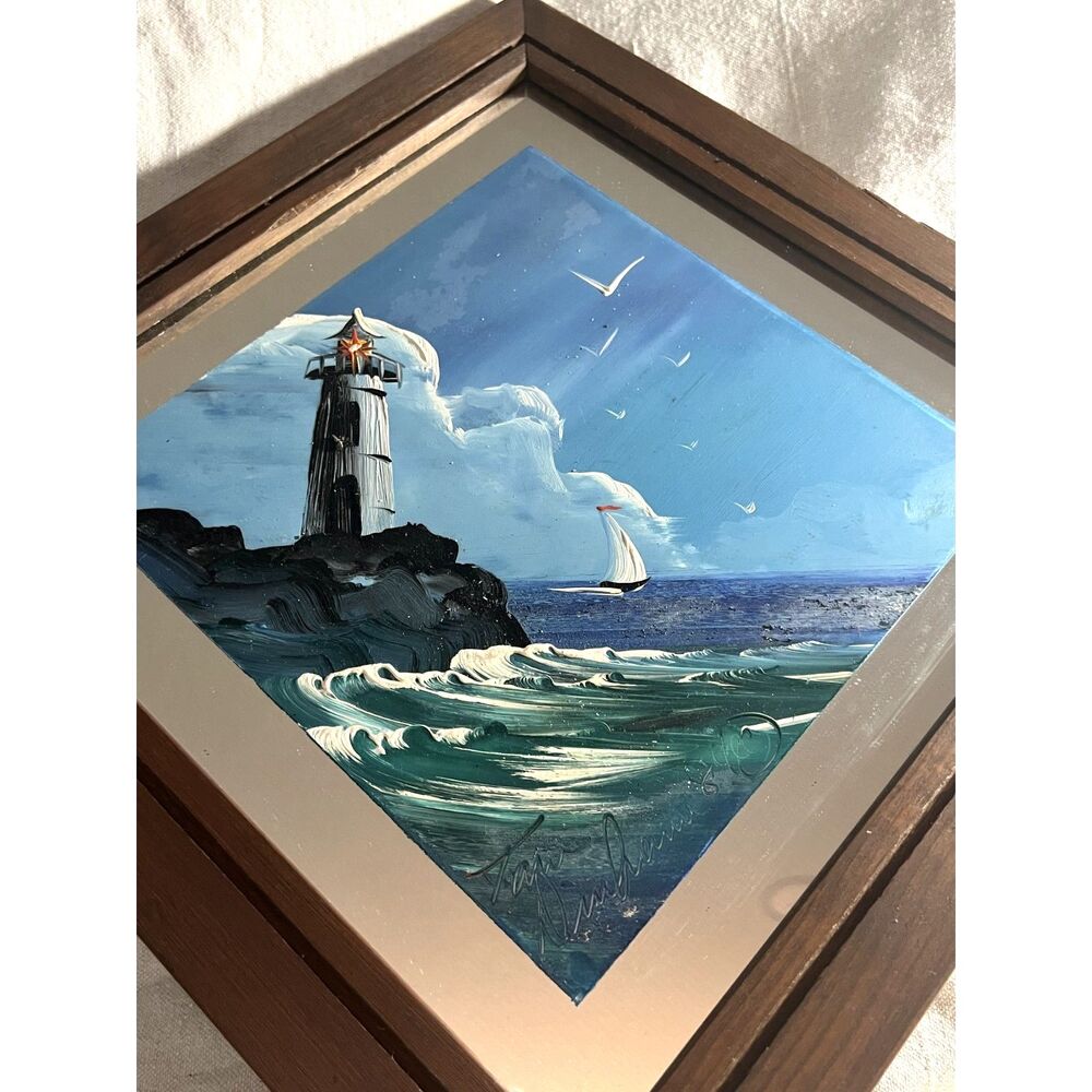 RARE 1996 Lighthouse Scene Painted on Mirror Signed Art Piece by Tom Dunham - Picture 5 of 9